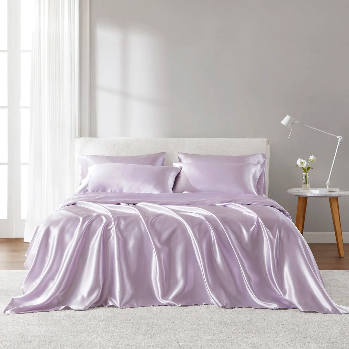6-Piece Solid Color Satin Bed Sheet Set - 1 Flat, 1 Fitted, 4 Pillowcases, Luxurious with Natural Sheen and Silky Glide on Skin, Satin Bed Sheets