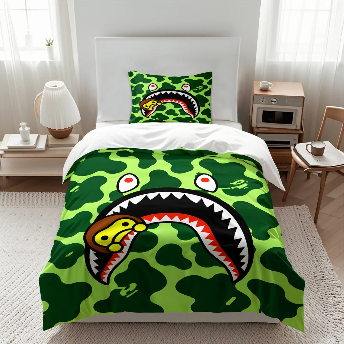 Ape Red & Black Camo Shark Mouth Cartoon Monkey Print Duvet Cover Set, 1 Duvet and 1-2 Pillowcases, Street Trendy Style Comfortable Easy Care Bedding, Ideal for Teen Hypebeast Bedroom Dorm Gaming Room Decor