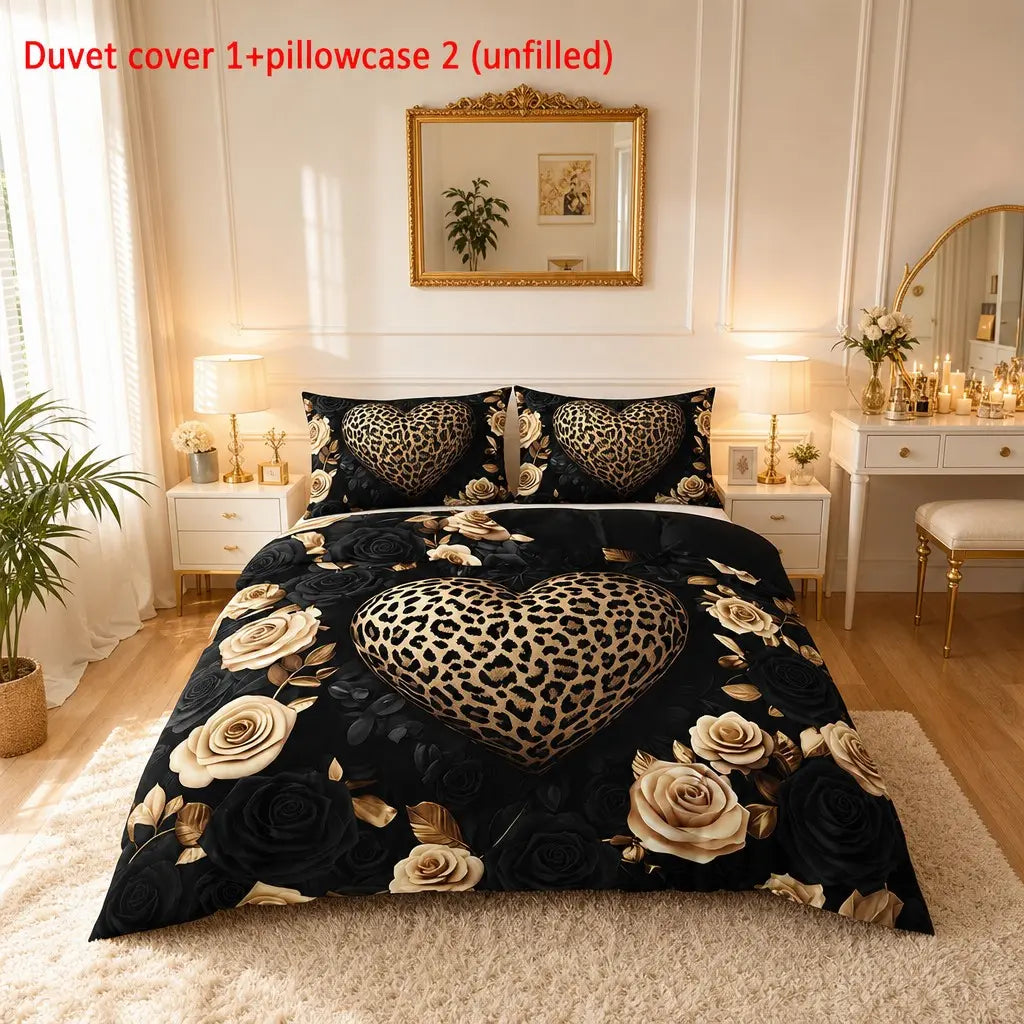 Leopard print heart-shaped flower Bedding 3-piece set, Printed bedding set, suitable for bedrooms and guest rooms, including 2 pillowcases and 1 duvet cover (unfilled) polyester, suitable for all seasons