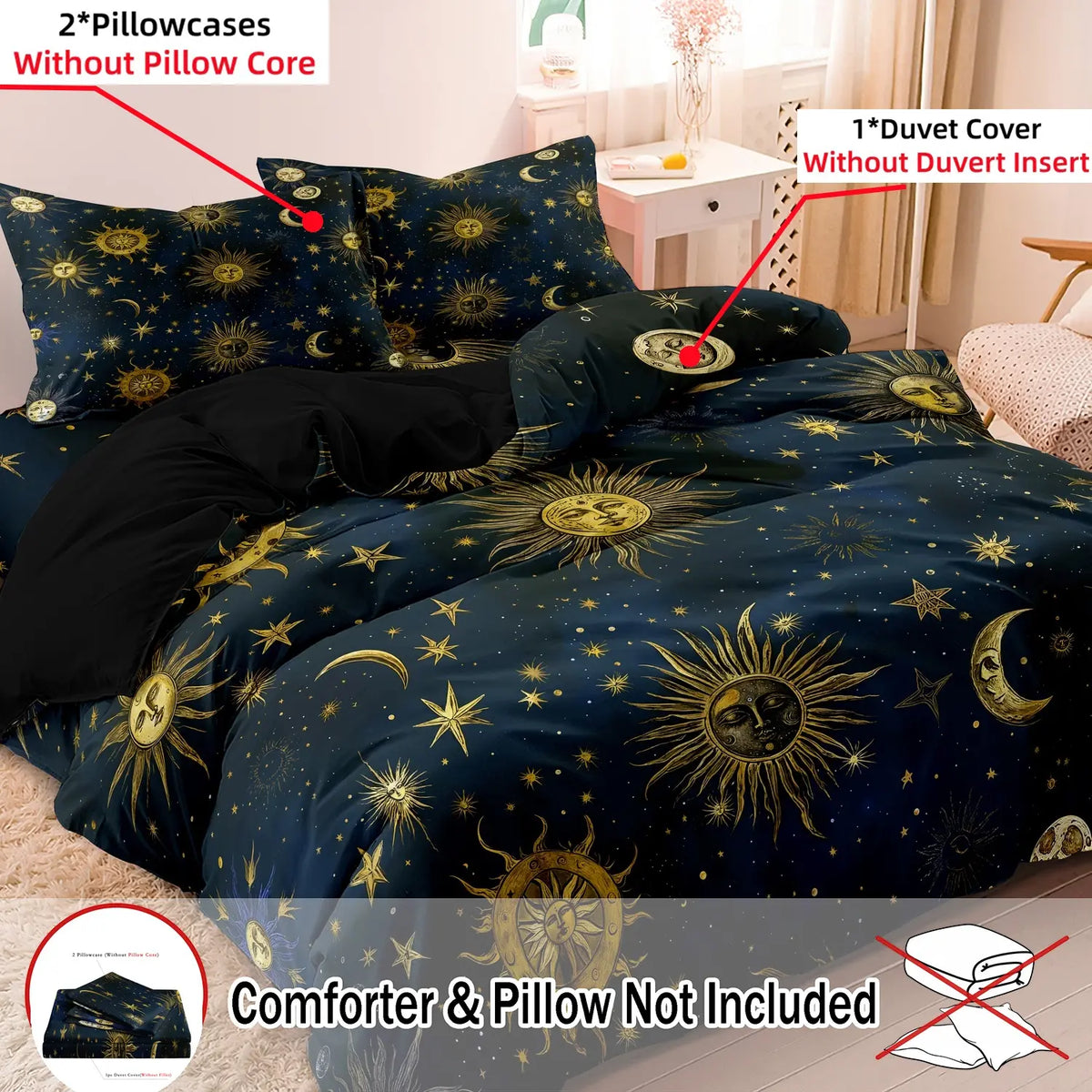 Ramadan Decoration Sun & Moon Pattern Decorative Duvet Cover Set, 3 Counts/set Including 1 Duvet Cover & 2 Pillowcases without Filler, Soft Comfortable Theme Bedding Set for Home Bedroom Comfy Bedding Sets #GLOBAL PICKS