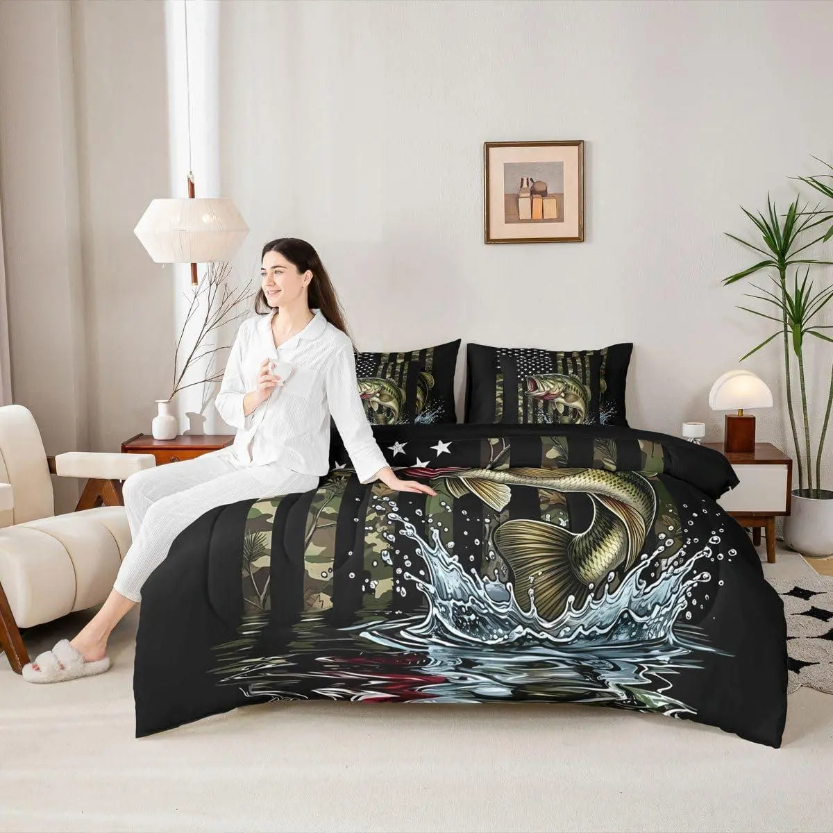 Feelyou 7-Piece Multi-Size Camo Pattern Bedding Set - Camouflage Pike Fish & American Flag Design, Adult Bed-in-a-Bag with Fitted Sheet and Pillowcases for Fishing Enthusiasts,sohochic