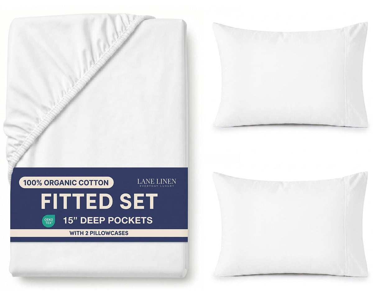 LANE LINEN 100% Organic Cotton Fitted Sheet Queen, 15" Deep Pocket Snug Fit Fully Elasticized Naturally Temperature Regulating Soft & Comfy Deep Pocket Queen - White (+Pillowcases)