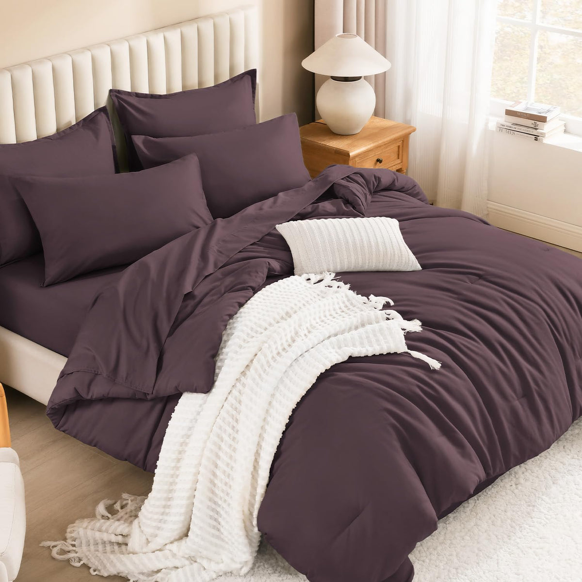 Litanika King Comforter Set with Sheets Beige - 7 Pieces Solid Bed in a Bag