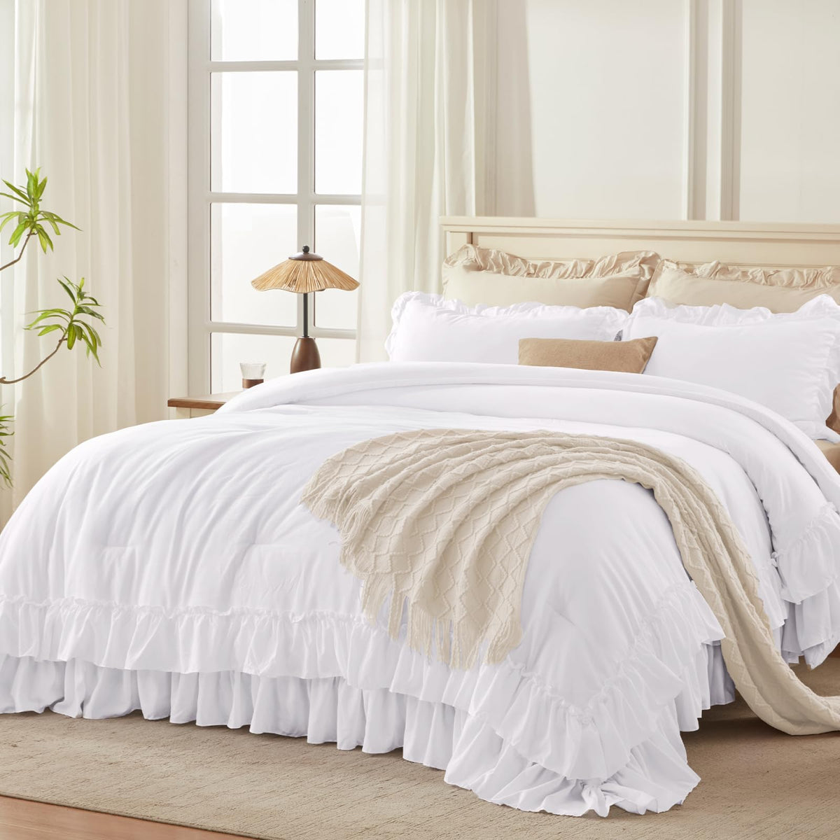 Andency Beige Ruffle Full Size Comforter Set, 3 Pieces