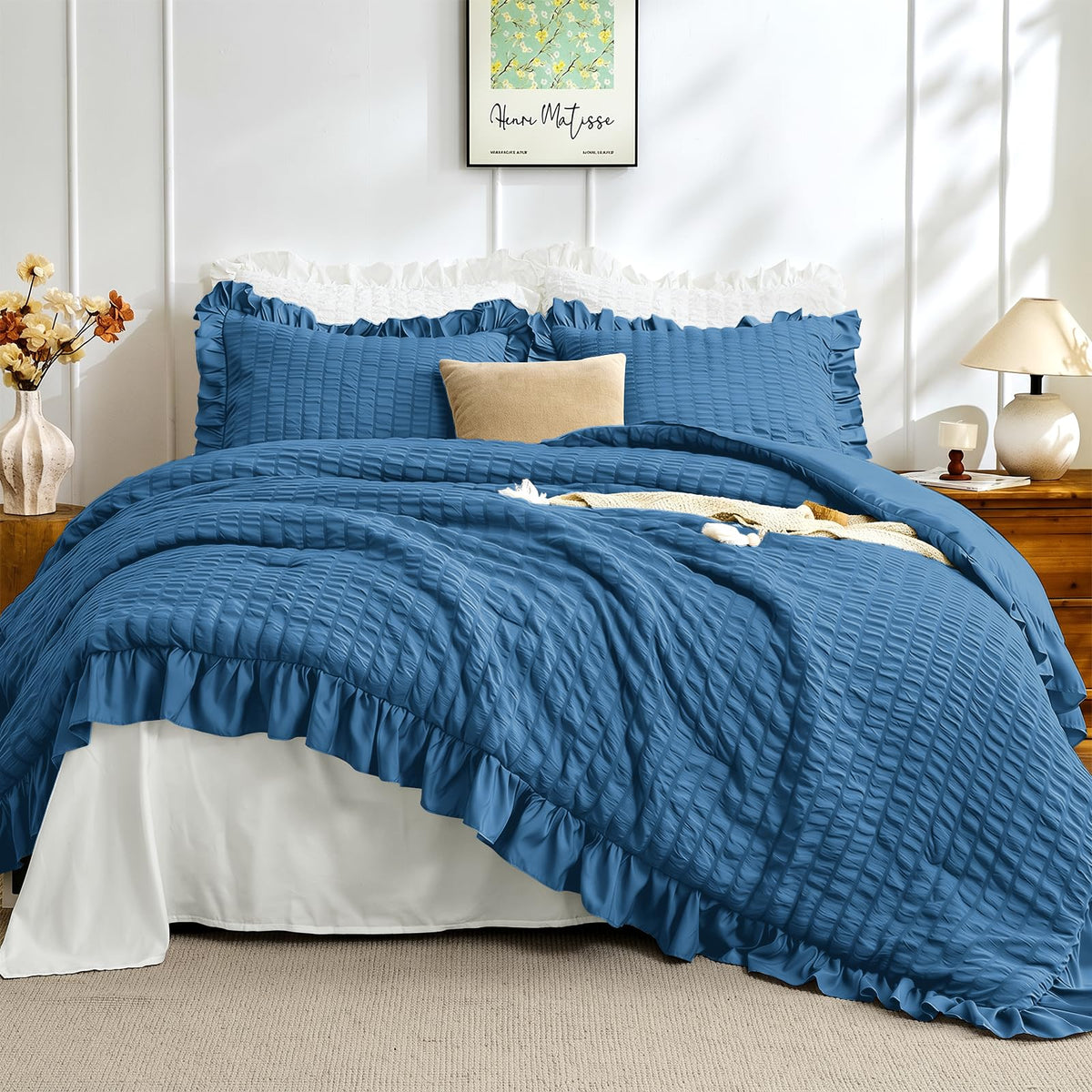 JOLLYVOGUE Ivory Comforter Full Size, 3 Pieces Seersucker Lightweight Full Size Bedding, All Season Fluffy Microfiber Bedding Comforter Set with 1 Ruffle Comforter and 2 Ruffle Pillowshams