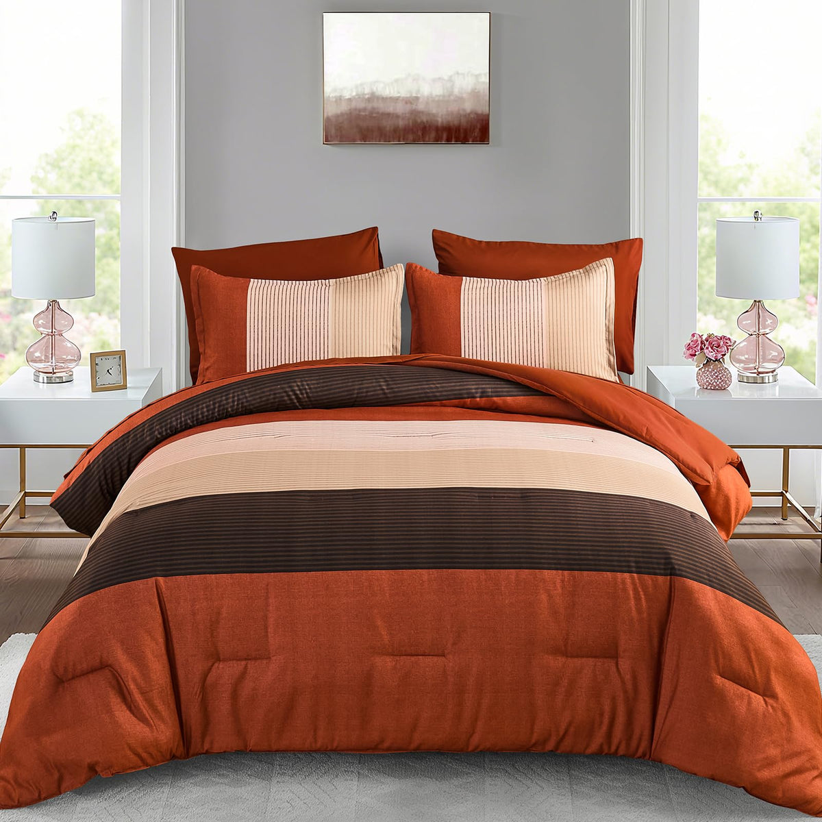 Anibedding Striped Comforter Set Queen Size, Boho Brown Green Striped Bedding Comforter Set 7 Piece Bed in a Bag, Soft Microfiber Down Alternative Farmhouse Bedding Set for All Season(90"x90")