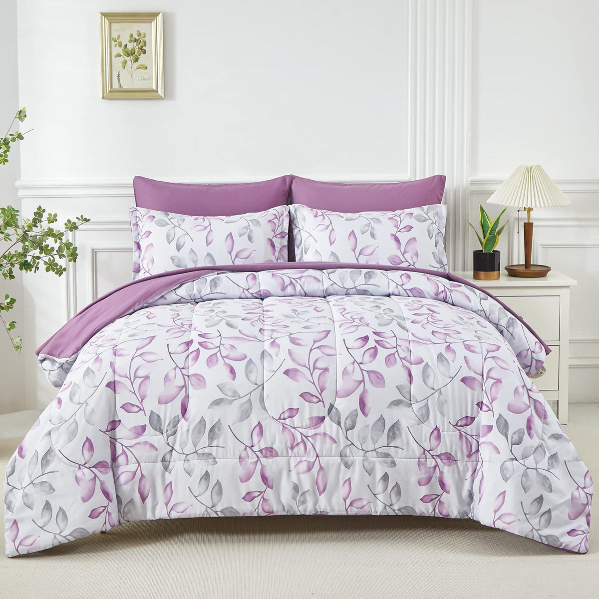 Yogeneg 7 Piece Bed in a Bag Queen Comforter Set Botanical Floral Bedding Set,White Flowers Leaves Printed on Black Reversible Design,Soft Microfiber Comforter with Sheet Set,All Season