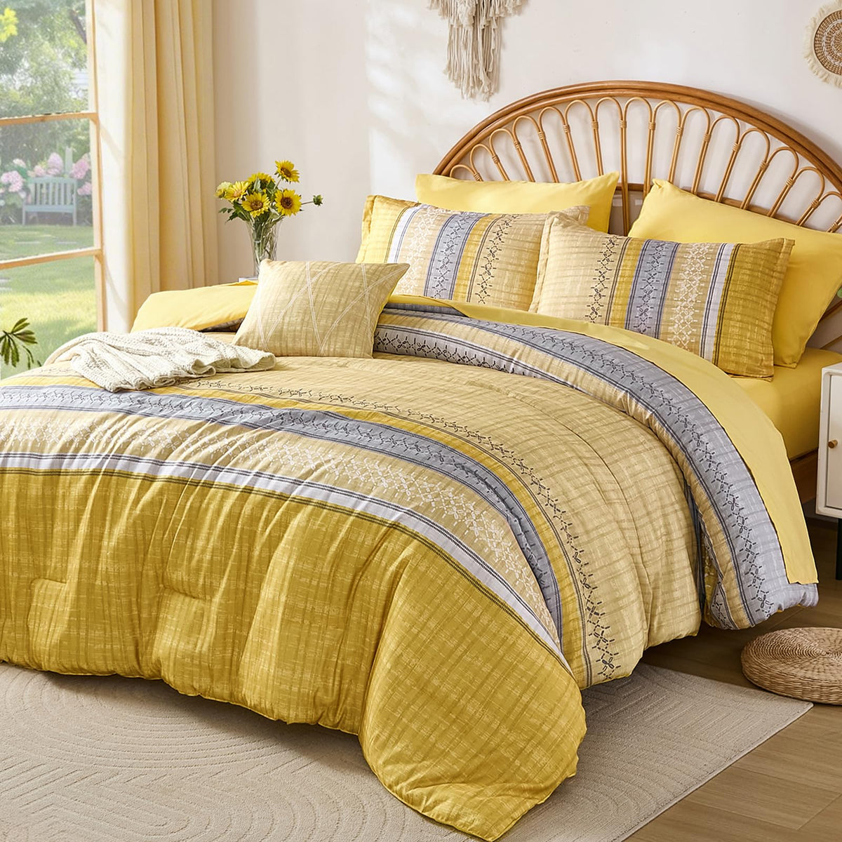 Dintszyayue Sage Green King Comforter Size Set, 8 Pieces Striped Boho Texture Bed in a Bag Sets, Lightweight Soft Bohemian Comforter and Sheet Set, All Season Microfiber Bedding Sets for Men Women