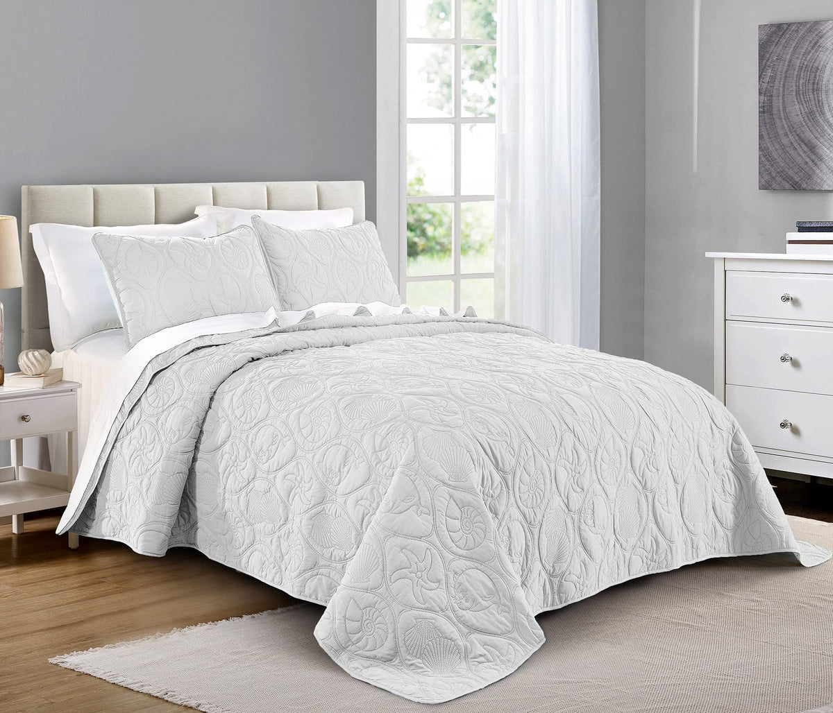 Pure Bedding Quilt Set Full/Queen Size Ash Blue - Oversized Bedspread - Soft Microfiber Lightweight Coverlet for All Season - 3 Piece Includes 1 Quilt and 2 Shams, Geometric Pattern