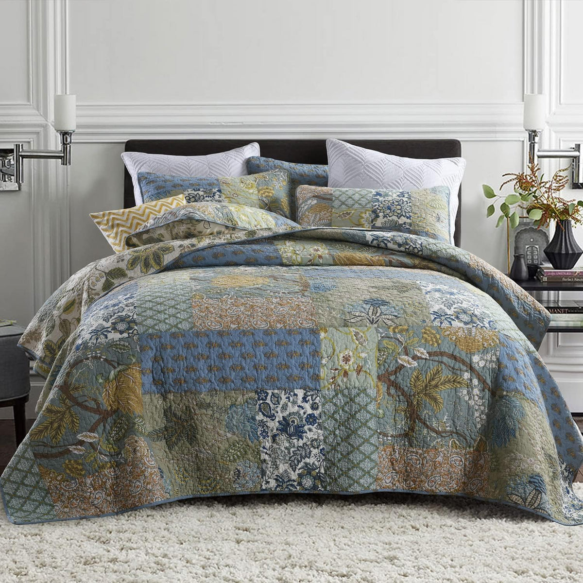 Secgo King Size Comforter Set- 100% Cotton Quilt King Size Set, Green, Sage bedspreads (96 * 108 Inch) with 2 Pillow Shams, Patchwork Reversible Lightweight Bedding
