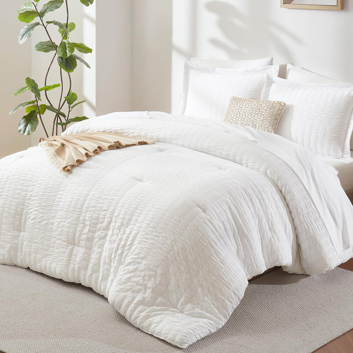 CozyLux Queen Comforter Set, 7 Pieces Beige Seersucker Bed in a Bag