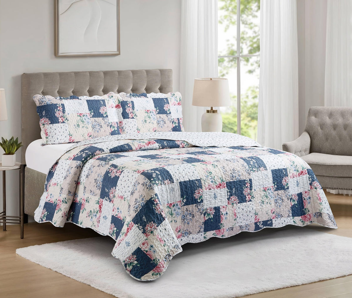 Brilliant Sunshine Rose and Sage Quilt Set, 3-Piece Bedding Sets, Traditional Patchwork Design, Washable and Reversible Bedspread, Soft Lightweight Coverlet, All-Season, Full/Queen, Light Pink Green