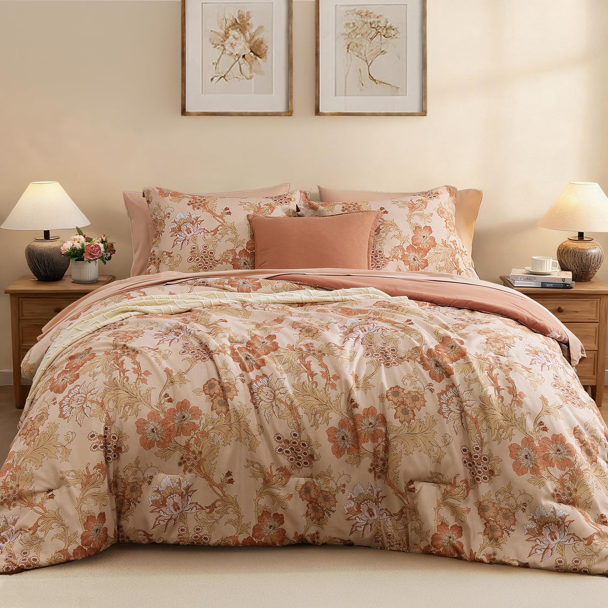 BLOOMHAVEN Queen Comforter Set-7 Pieces Brown Floral Bed in a Bag Queen