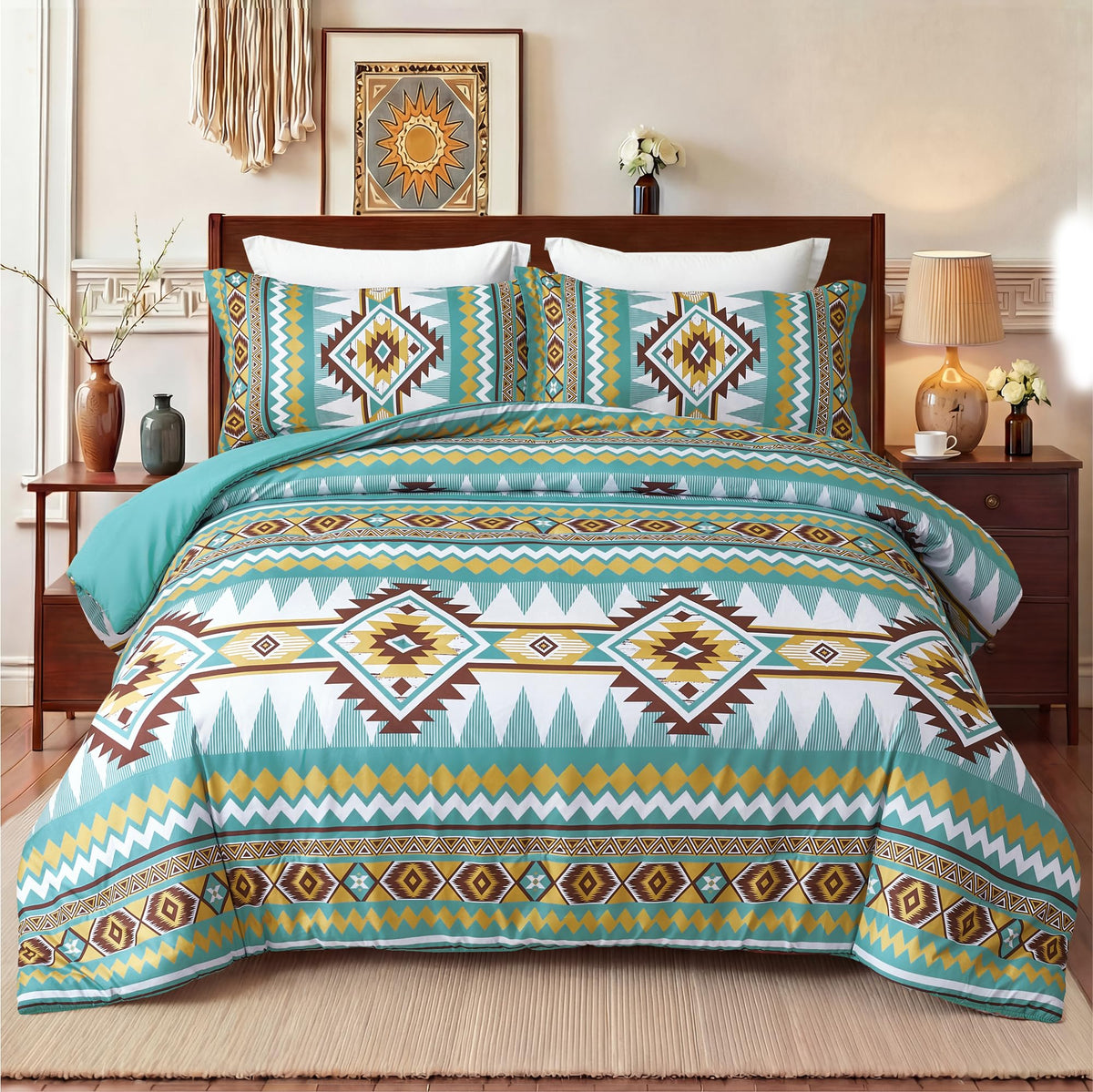 Tyrot King Comforter Set – 3 Piece Brown Boho Aztec Bedding, Western Southwestern Style Comforter Sets, Soft Lightweight Comforter for All Seasons, 1 Comforter & 2 Pillow Shams