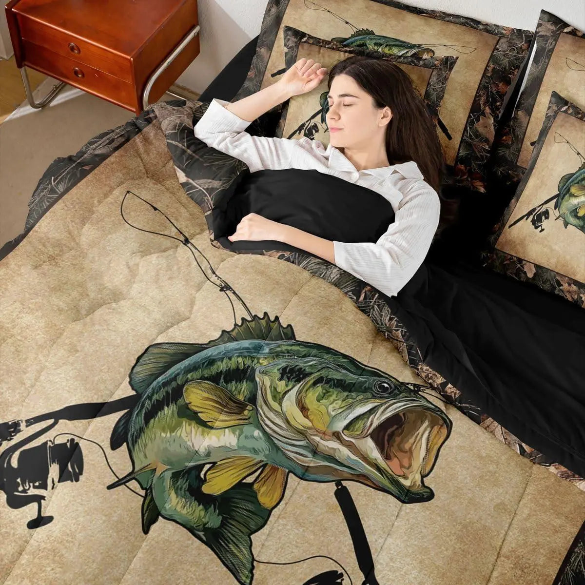 Feelyou 7-Piece Camo Fishing Microfiber Bed Set - Rustic Theme Decorative Breathable Bedding Set with Machine Washable Comforter, Sheets, Bass & Pike Fish Prints for Fishermen,sohochic