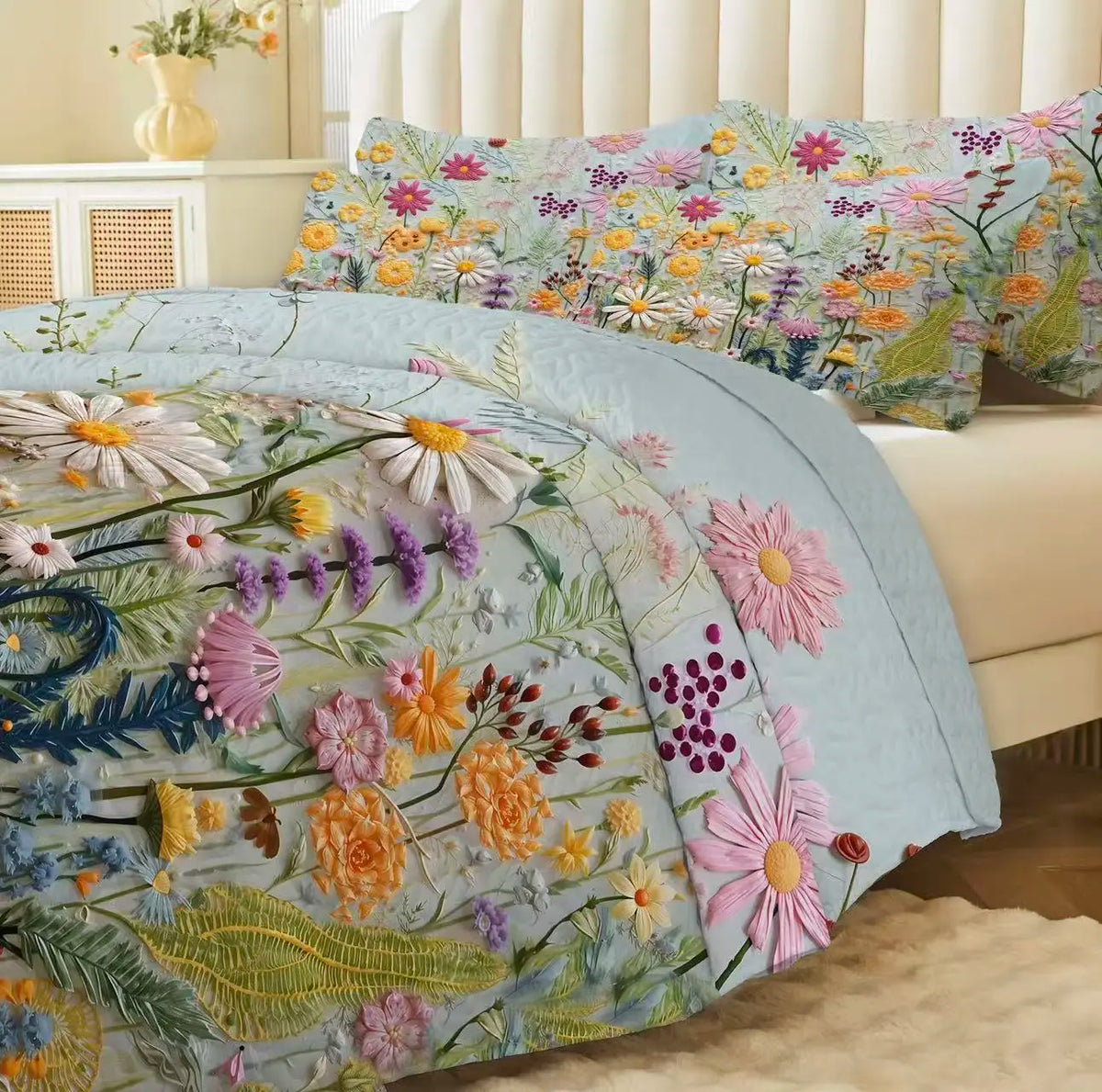 Bohemian-Style Bright Floral Chrysanthemum-Print Microfiber Bedding Set, Ultra-Thin Quilted Quilt, Breathable Micro Top, Fade-Resistant, Soft All-Season Bedding,sohochic
