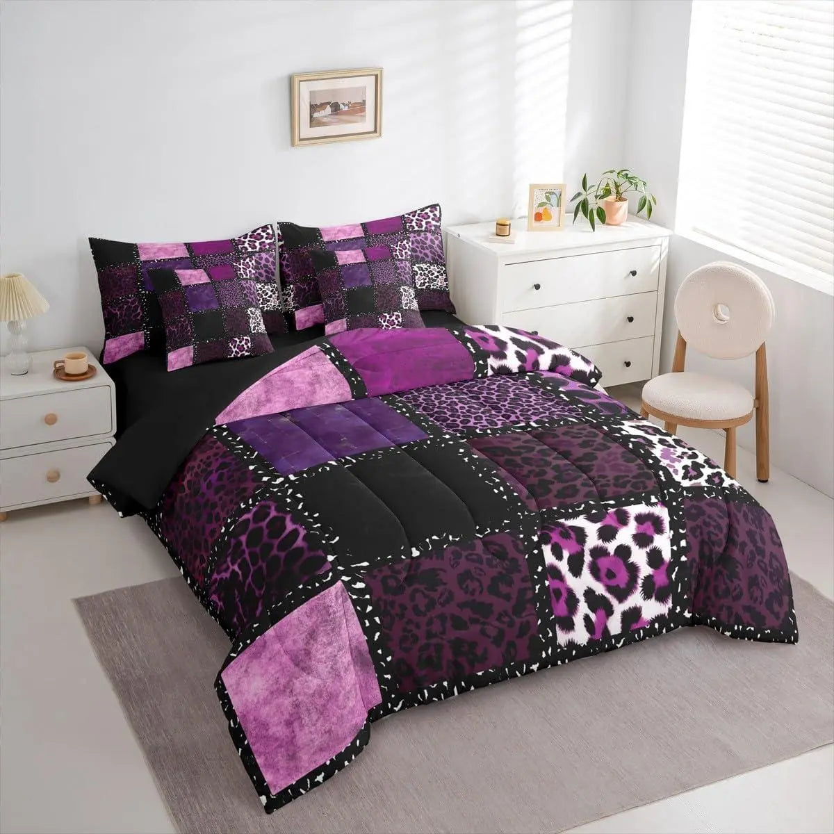 Feelyou 7-Piece Pink Leopard Print Queen Bedding Set - Animal Skin Texture Quilt, Patchwork Geometric Design, Sheet Set, Pillowcases, Pillow Covers for Farmhouse Home, Room, House Decor, Whimsical Home Decor, Animal Wildlife Textiles, Room Decor, Farmhous