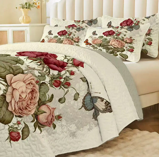 Peony Butterfly Lightweight Quilted Summer Quilt All Season Soft  and Skin Friendly Country Farmhouse Style Printed Bedding Set