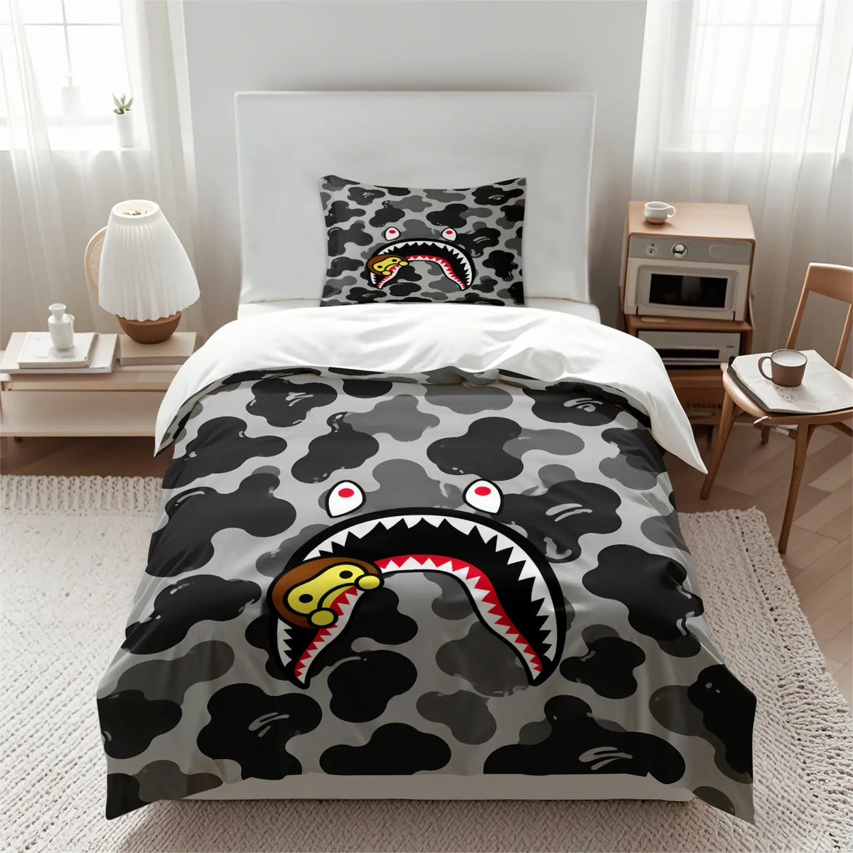 Ape Red & Black Camo Shark Mouth Cartoon Monkey Print Duvet Cover Set, 1 Duvet and 1-2 Pillowcases, Street Trendy Style Comfortable Easy Care Bedding, Ideal for Teen Hypebeast Bedroom Dorm Gaming Room Decor