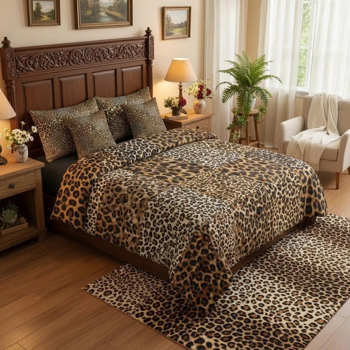 Feelyou Multi-Size Brown Leopard Print 7-Piece Bed Comforter Set with Sheets - African Cheetah Wild Safari Skin Pattern Farmhouse Patchwork Bedding Collections for Women,sohochic