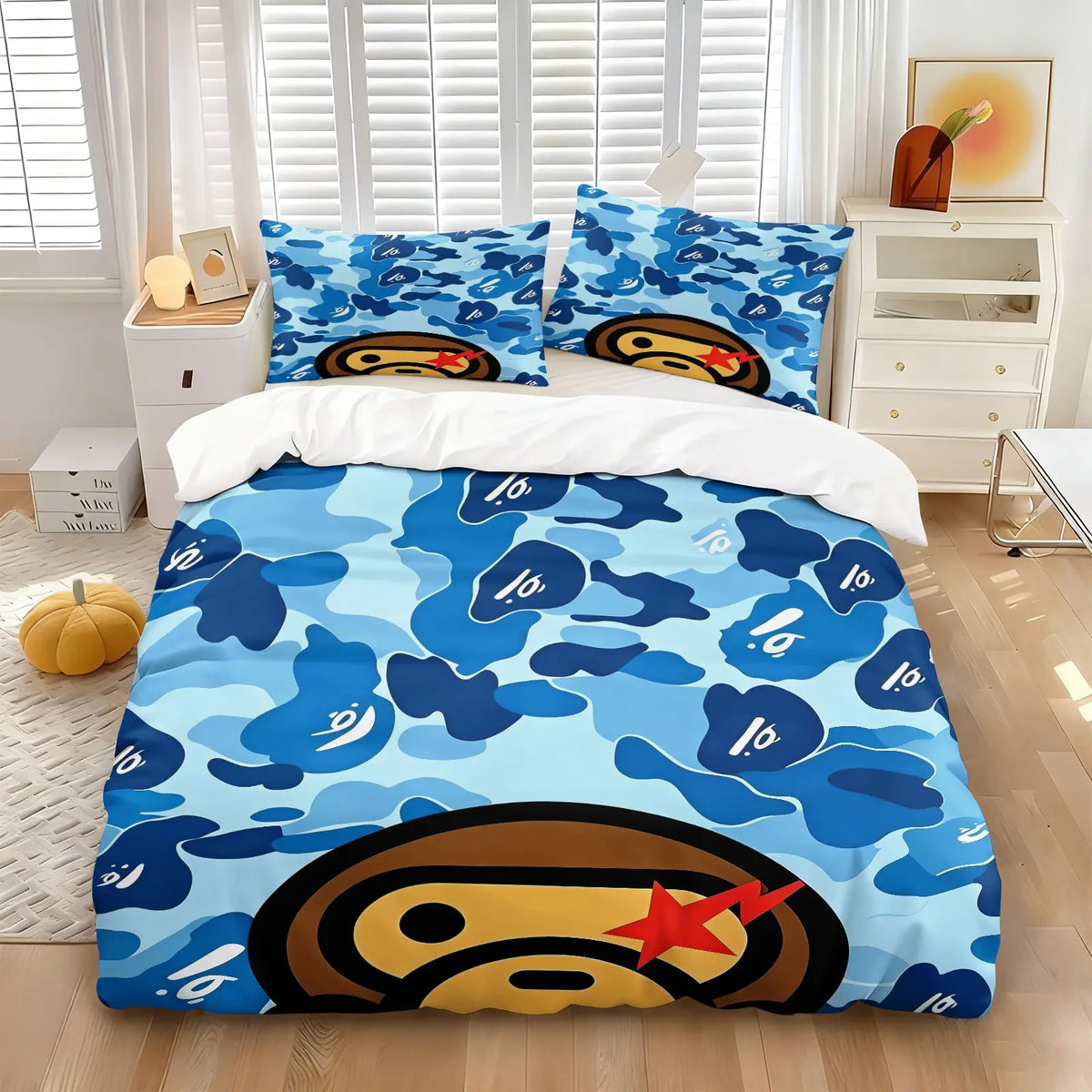 Streetwear Grey Camo Ape Head Duvet Cover Set (1 Duvet Cover + 1-2 Pillowcases), Soft Breathable Bed Linen, Cartoon Monkey Red Star Camouflage HD Digital Printed Vivid Pattern, Trendy Cool Aesthetic Bedroom Decor for All Season Use Camouflage Bedding Set