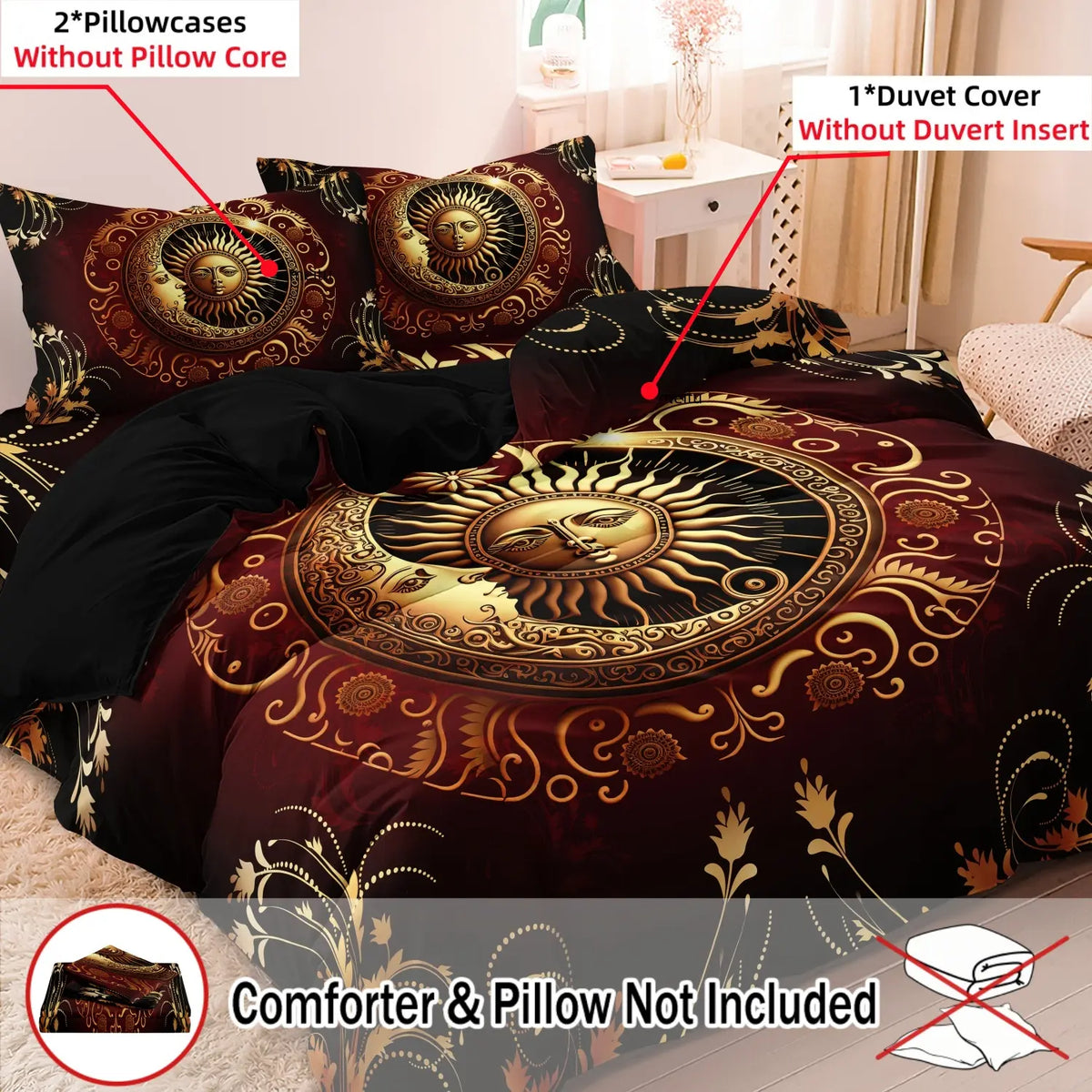 Ramadan Decoration Sun & Moon Pattern Decorative Duvet Cover Set, 3 Counts/set Including 1 Duvet Cover & 2 Pillowcases without Filler, Soft Comfortable Theme Bedding Set for Home Bedroom Comfy Bedding Sets #GLOBAL PICKS