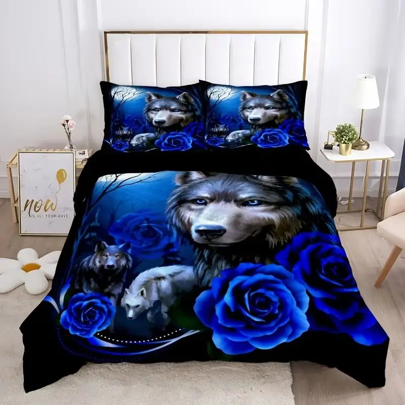 3pcs Fashion Dark Rose Floral Wolf HD Digital Print Bedroom Soft Printed Bedding Set Comfy Bed Sets, Includes Duvet Cover and Pillowcases, Polyester Fabric