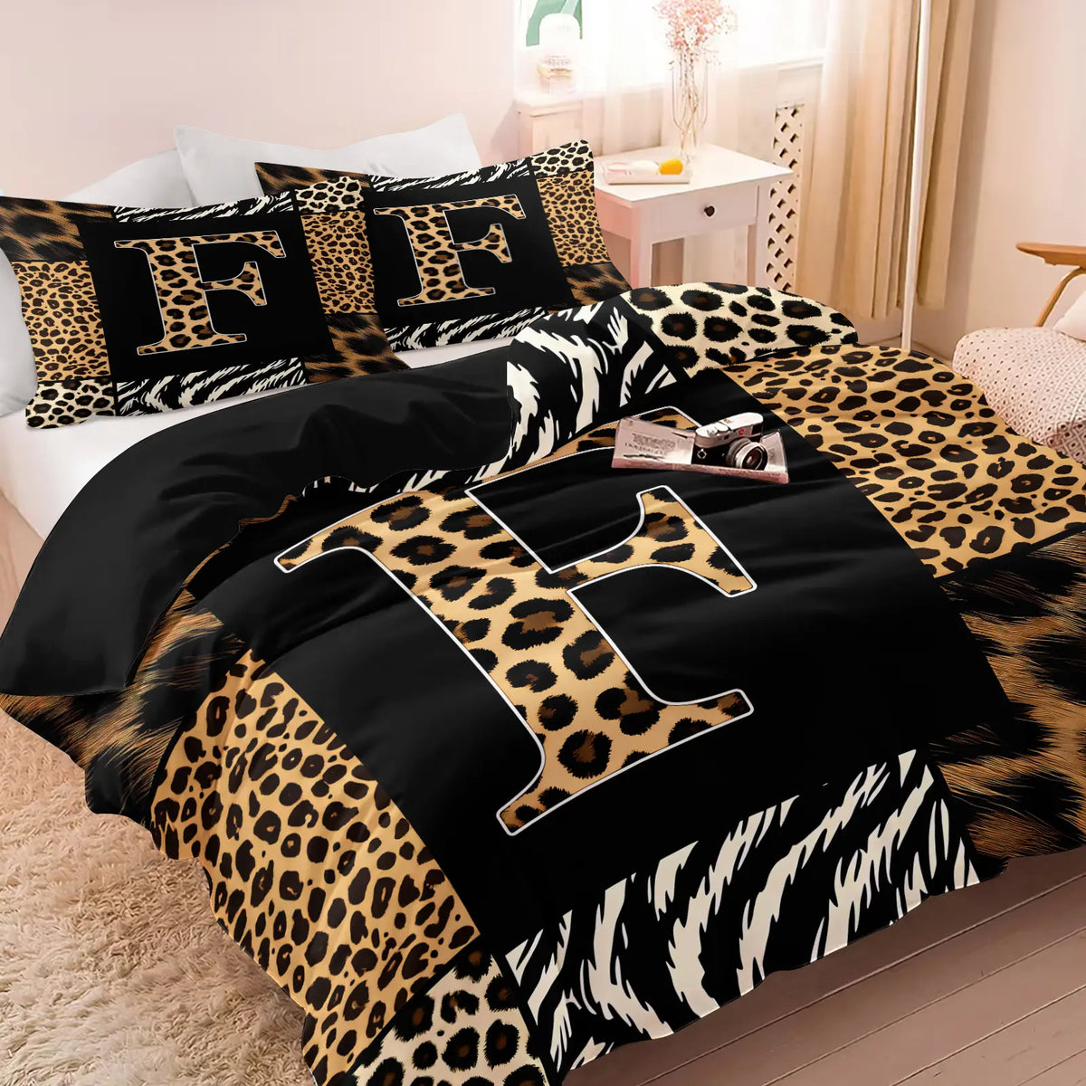 Leopard Zebra Print Letter M Decorative Duvet Cover Set (1 Duvet Cover + 1-2 Pillowcases), Soft Skin Friendly Breathable All Season Bed Linen, Animal Patchwork Letter M HD Vivid Printed Bedding Set, Edgy Modern Bedroom & Dorm Home Decor, Soft Bedding Sets