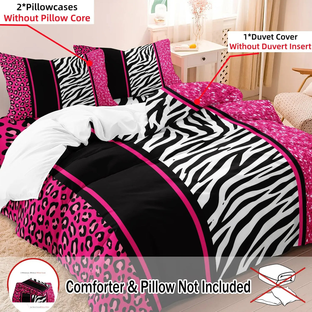 3pcs Decorative Duvet Cover Set In Red Leopard Print, Black Zebra Stripe With Shiny Finish, Soft And Comfortable, Comfy Bedding Sets, Printed Bedding Set, Leopard Bedding Set, Includes Two Pillowcases, Duvet Insert And Pillow Inserts Not Included