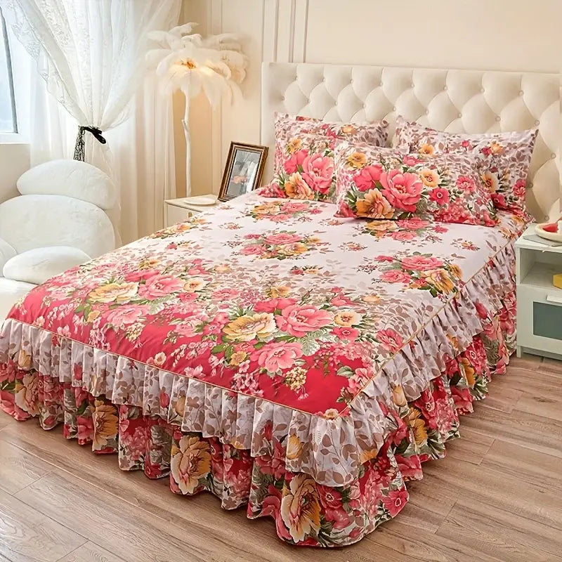 3pcs Ditsy Floral Printed Flat Weave Silky Microfiber Macrame Bedding Set - Multi-Size King/Queen, Wrinkle Resistant, Lightweight Coverlet, Breathable Dust Skirt, Durable Cool All-Seasons Decorative Bedding, Fade Resistant, Machine Washable for Bedroom