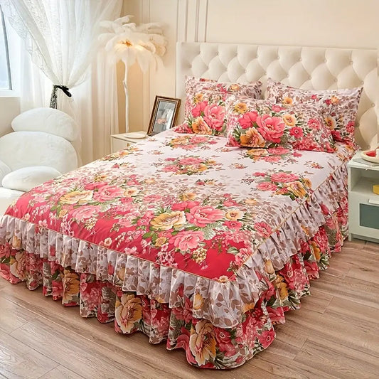 3pcs Ditsy Floral Printed Flat Weave Silky Microfiber Macrame Bedding Set - Multi-Size King/Queen, Wrinkle Resistant, Lightweight Coverlet, Breathable Dust Skirt, Durable Cool All-Seasons Decorative Bedding, Fade Resistant, Machine Washable for Bedroom