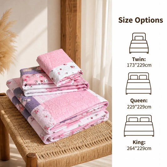 【Back to School】Botanical Floral Quilt Set – Reversible Lightweight Bedspread, Soft Boho Printed Coverlet for All Seasons, Machine Washable Bedding, 1 Pillow Sham for Twin, 2 Pillow Shams for Queen/King