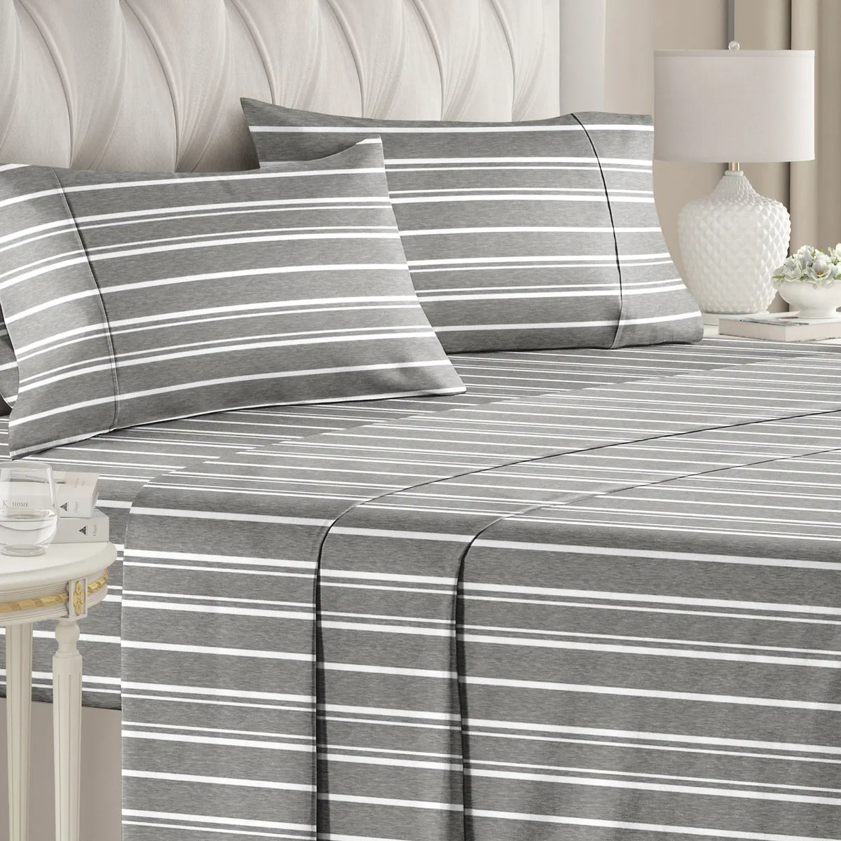 CGK | Printed 4-Piece Stripe Sheet Set – Soft Microfiber Bedding, Deep Pocket, Wrinkle-Free, Cooling, Chic Design Bedsheet Sets