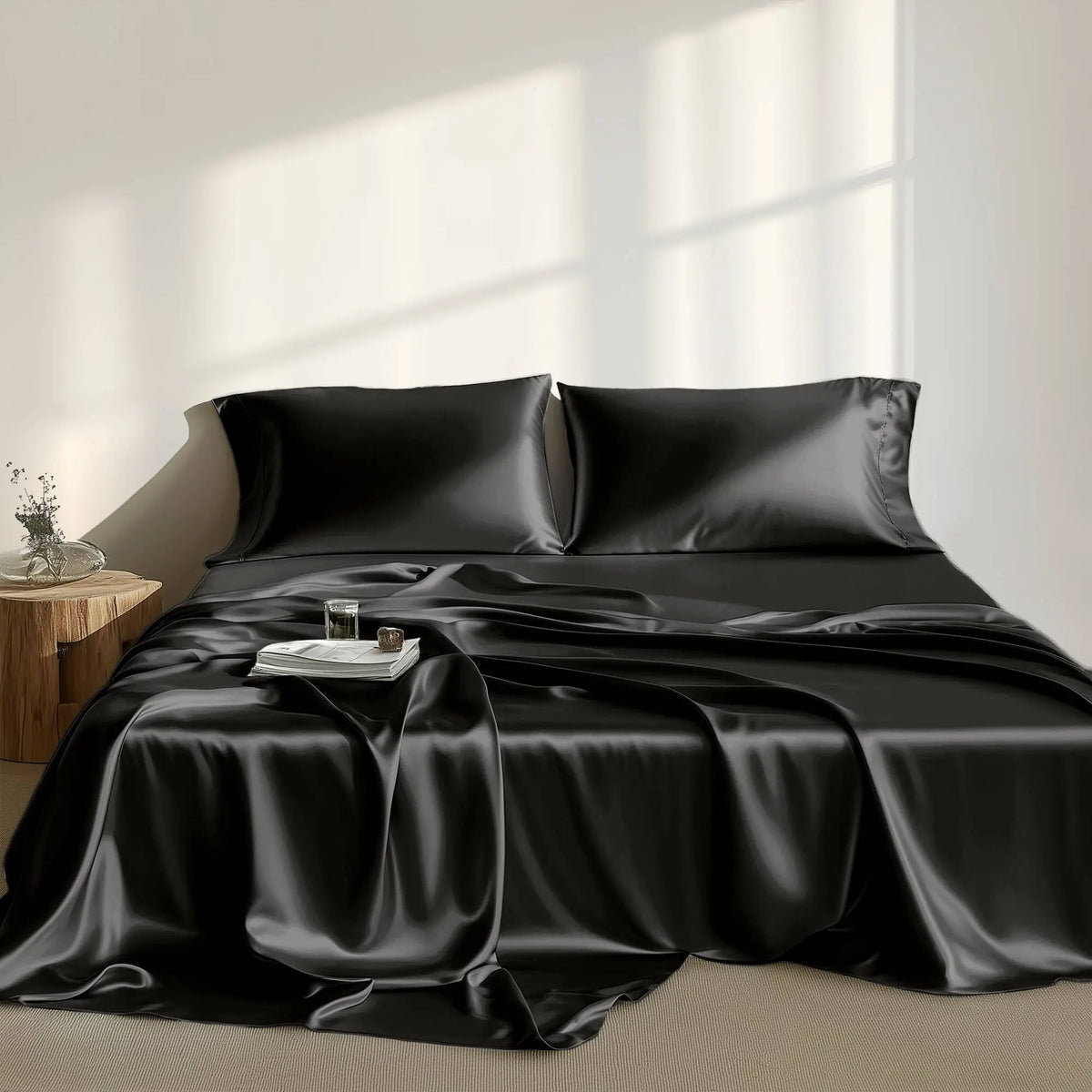 6-Piece Solid Color Satin Bed Sheet Set - 1 Flat, 1 Fitted, 4 Pillowcases, Luxurious with Natural Sheen and Silky Glide on Skin, Satin Bed Sheets