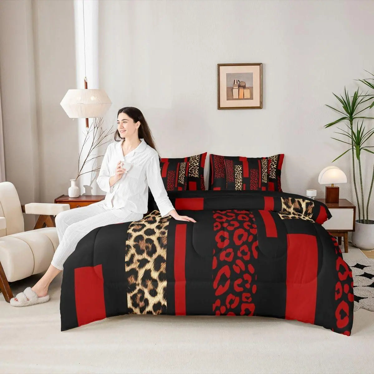 Feelyou Women's 7-Piece Brown-Red Leopard Print Bed-in-A-Bag Bedding Set - Cheetah Stripe Comforter, Abstract Animal Skin Texture Sheets, Queen Size, for Bedroom Decor,sohochic
