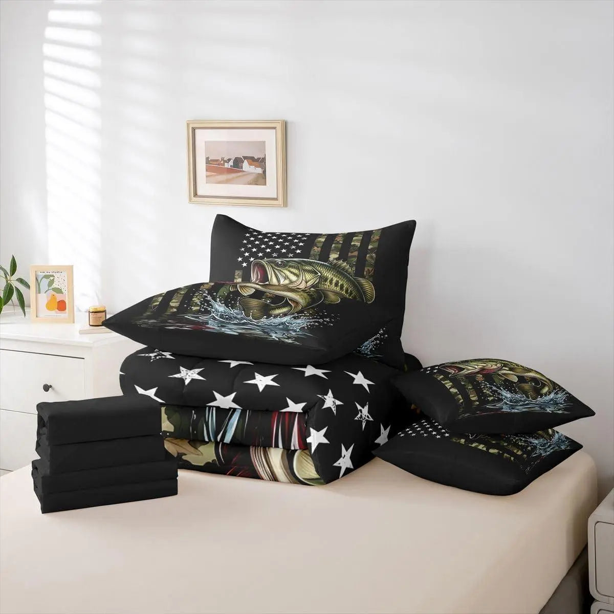 Feelyou 7-Piece Multi-Size Camo Pattern Bedding Set - Camouflage Pike Fish & American Flag Design, Adult Bed-in-a-Bag with Fitted Sheet and Pillowcases for Fishing Enthusiasts,sohochic