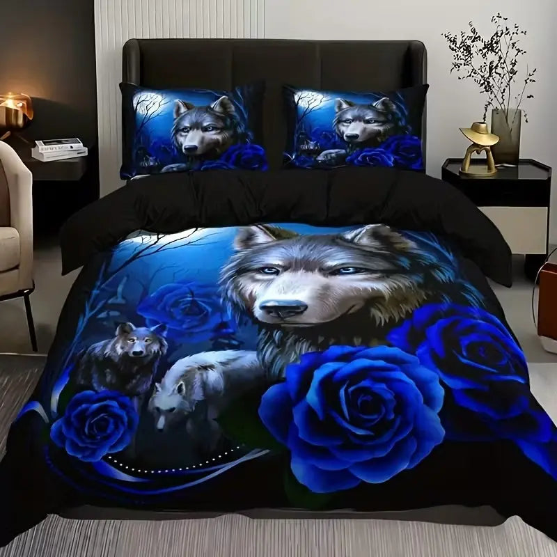 3pcs Fashion Dark Rose Floral Wolf HD Digital Print Bedroom Soft Printed Bedding Set Comfy Bed Sets, Includes Duvet Cover and Pillowcases, Polyester Fabric