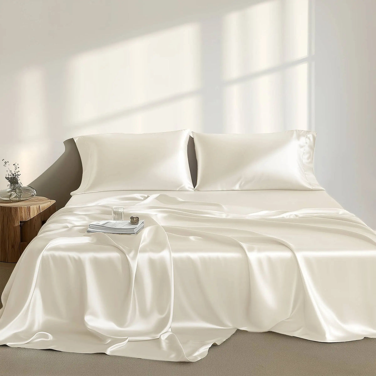 6-Piece Solid Color Satin Bed Sheet Set - 1 Flat, 1 Fitted, 4 Pillowcases, Luxurious with Natural Sheen and Silky Glide on Skin, Satin Bed Sheets