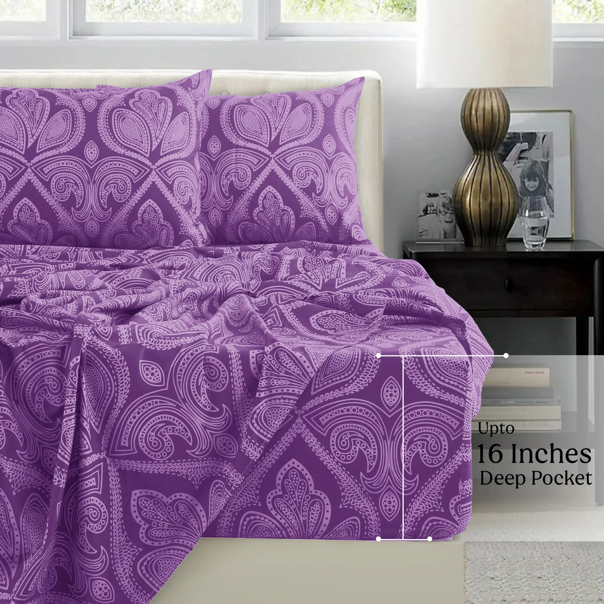 LUX DECOR Collection Queen 6-Pc Paisley & Solid Embroidered Bedding Set - Hypoallergenic Printed Sheets, Pillowcases, 16" Deep Pocket, Wrinkle Resistant, Hotel Luxury, Cozy, Breathable, Cooling, Decorative Bedsheet Sets, Summer Gifts (Twin XL Compatible)