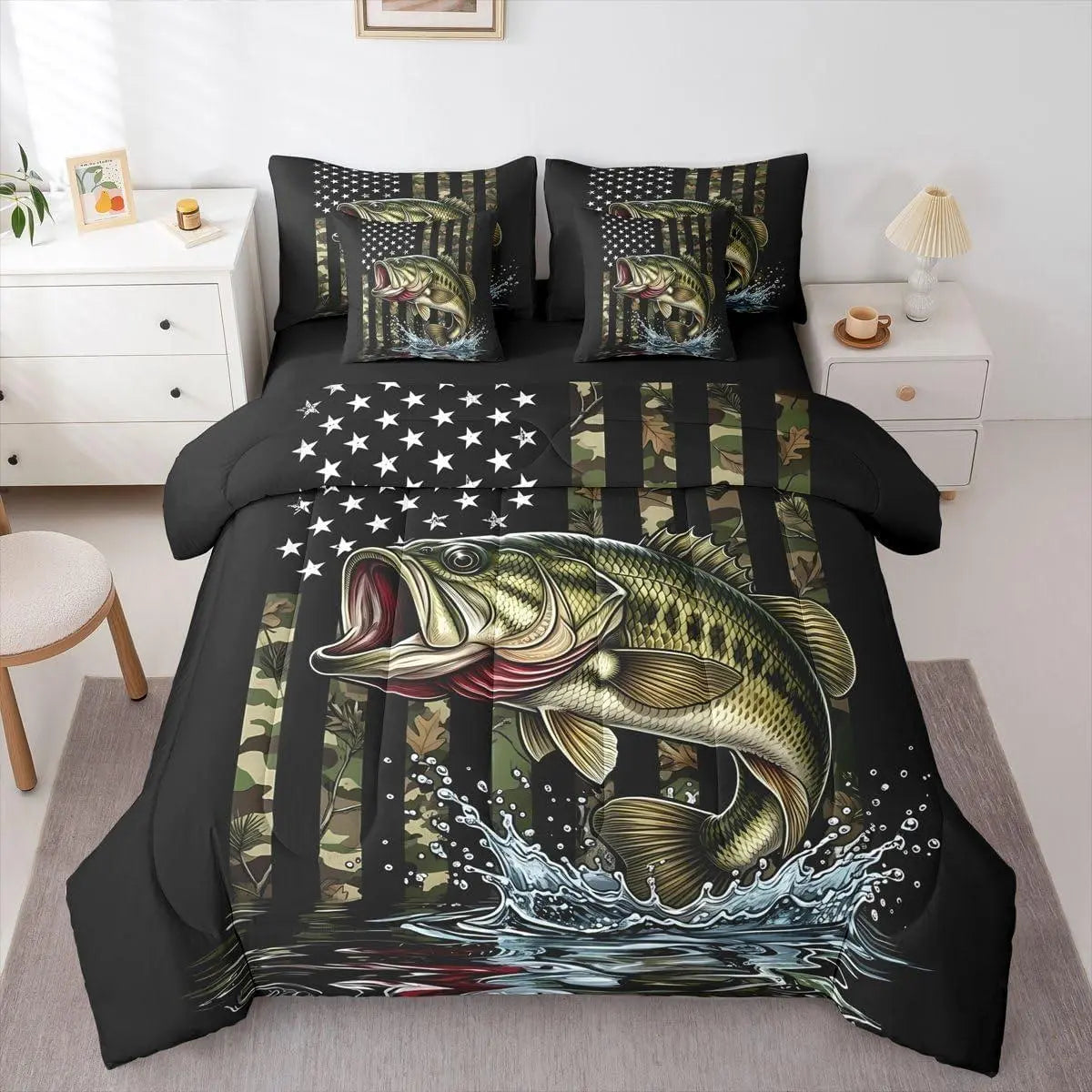 Feelyou 7-Piece Multi-Size Camo Pattern Bedding Set - Camouflage Pike Fish & American Flag Design, Adult Bed-in-a-Bag with Fitted Sheet and Pillowcases for Fishing Enthusiasts,sohochic