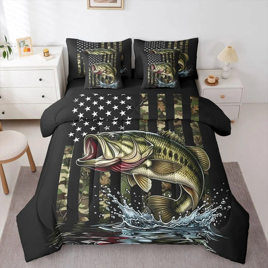 Feelyou 7-Piece Multi-Size Camo Pattern Bedding Set - Camouflage Pike Fish & American Flag Design, Adult Bed-in-a-Bag with Fitted Sheet and Pillowcases for Fishing Enthusiasts,sohochic