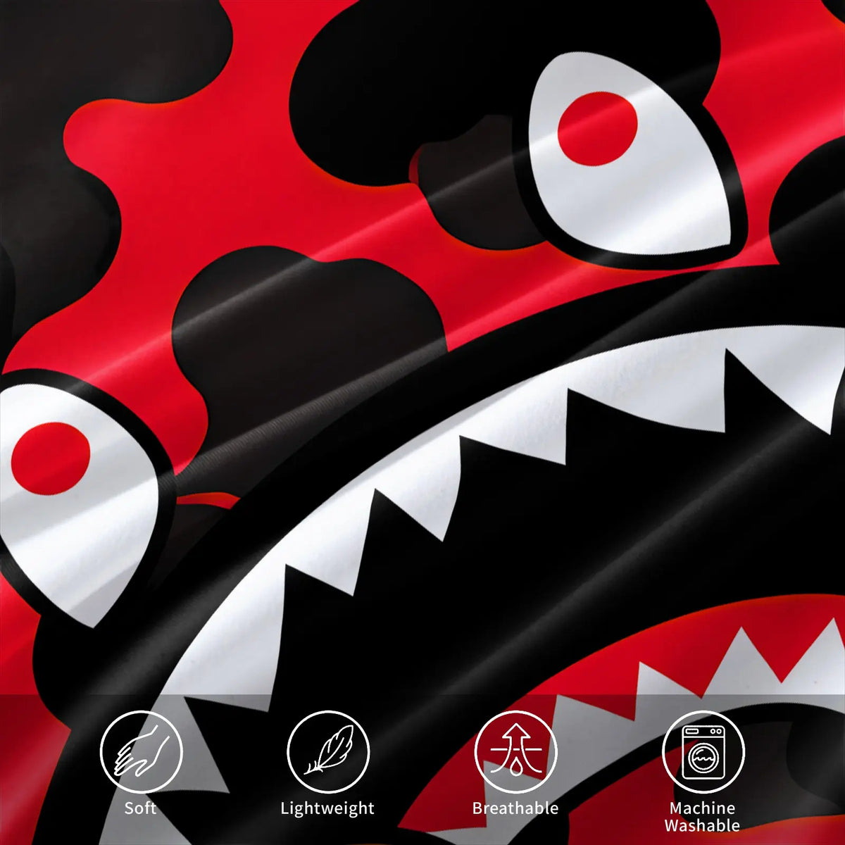 Ape Red & Black Camo Shark Mouth Cartoon Monkey Print Duvet Cover Set, 1 Duvet and 1-2 Pillowcases, Street Trendy Style Comfortable Easy Care Bedding, Ideal for Teen Hypebeast Bedroom Dorm Gaming Room Decor