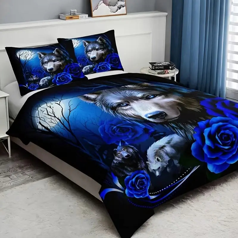 3pcs Fashion Dark Rose Floral Wolf HD Digital Print Bedroom Soft Printed Bedding Set Comfy Bed Sets, Includes Duvet Cover and Pillowcases, Polyester Fabric