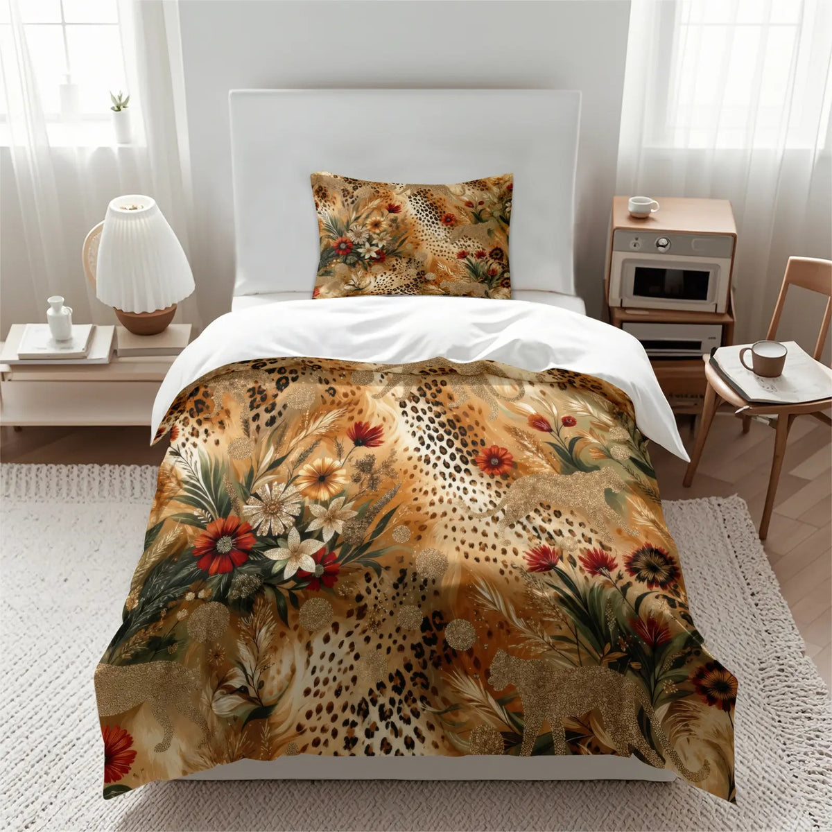 Dark Floral Leopard Print Duvet Cover Set, Includes 1 Duvet Cover and 1‑2 Pillowcases, Soft Comfortable Breathable All‑Season Bedding Set, Burgundy Lily Flower Realistic Pattern, Glam Gothic Boho Aesthetic Room Decor, Soft Bedding Sets
