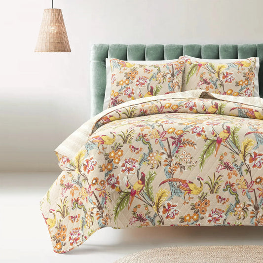 Lush Decor Dolores King Quilted Bedspread Set - 3-Piece 100% Cotton Reversible Duvet Cover with Nature Motifs, Matching Pillows, Bright Elegant Bleach-Safe Bedding Set (Plant/Animal-Free)