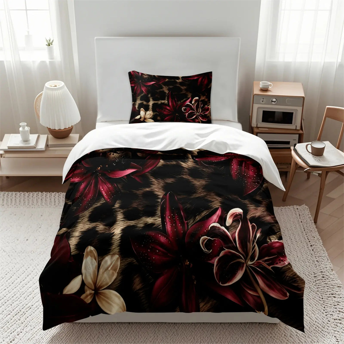 Dark Floral Leopard Print Duvet Cover Set, Includes 1 Duvet Cover and 1‑2 Pillowcases, Soft Comfortable Breathable All‑Season Bedding Set, Burgundy Lily Flower Realistic Pattern, Glam Gothic Boho Aesthetic Room Decor, Soft Bedding Sets