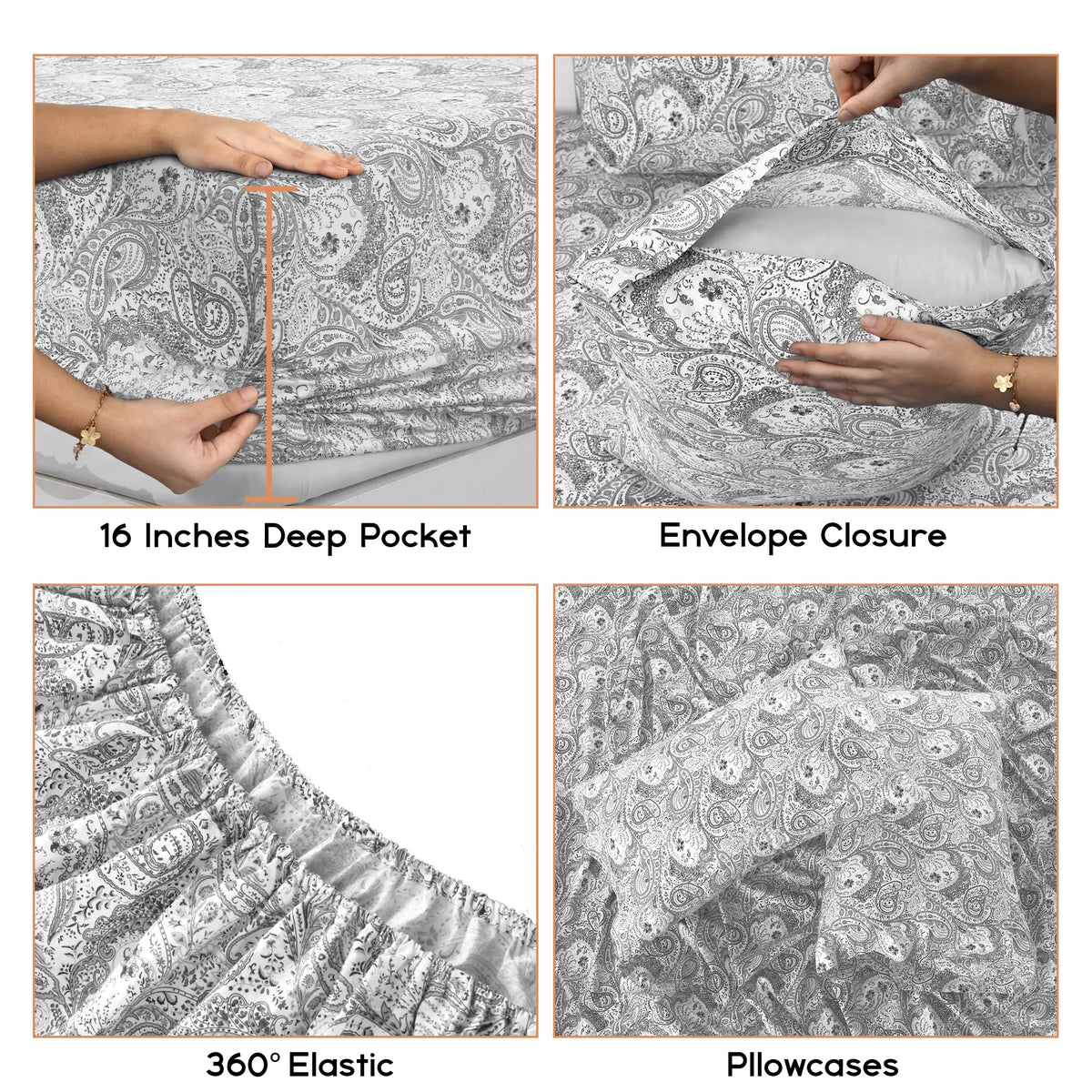 LUX DECOR Collection Queen 6-Pc Paisley & Solid Embroidered Bedding Set - Hypoallergenic Printed Sheets, Pillowcases, 16" Deep Pocket, Wrinkle Resistant, Hotel Luxury, Cozy, Breathable, Cooling, Decorative Bedsheet Sets, Summer Gifts (Twin XL Compatible)