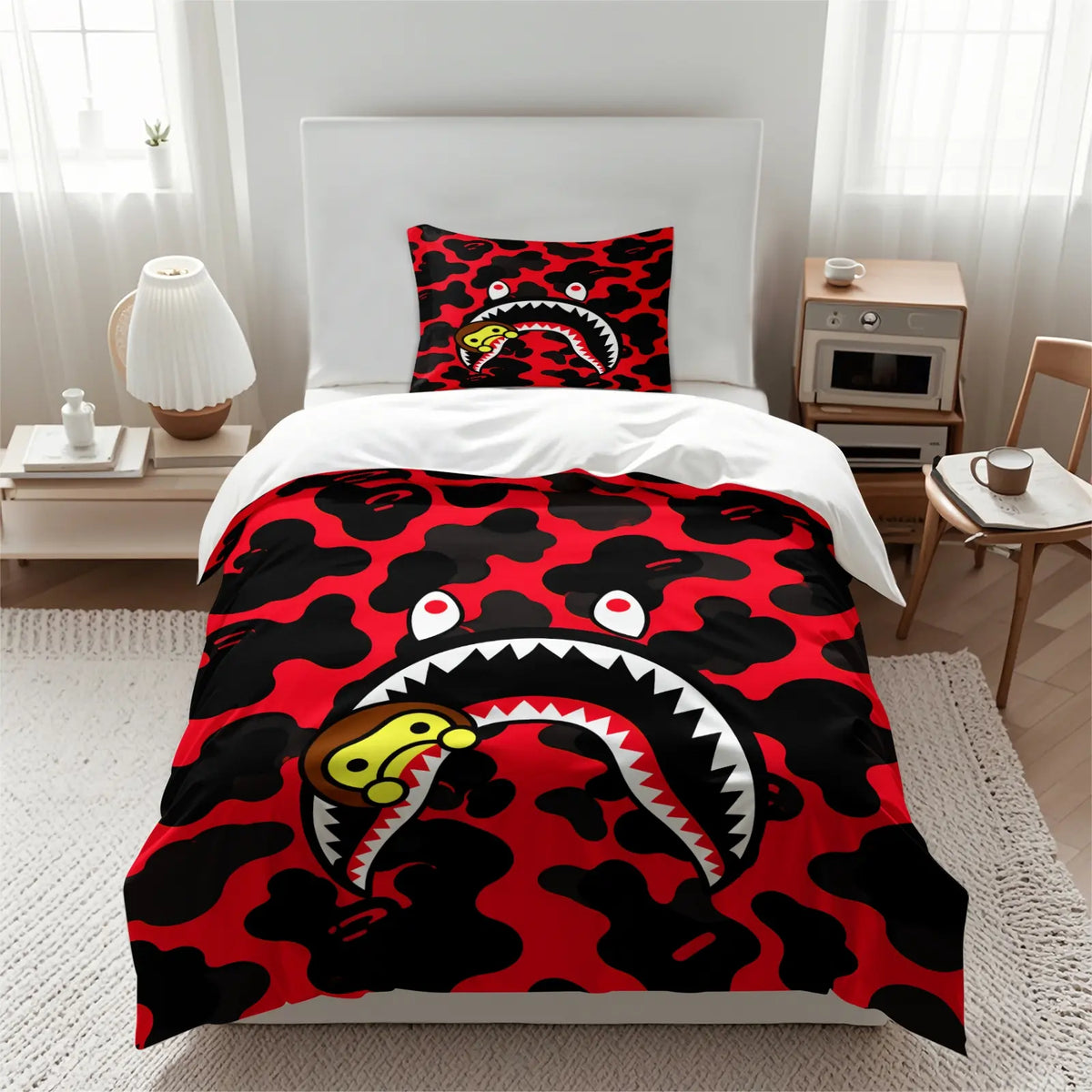 Ape Red & Black Camo Shark Mouth Cartoon Monkey Print Duvet Cover Set, 1 Duvet and 1-2 Pillowcases, Street Trendy Style Comfortable Easy Care Bedding, Ideal for Teen Hypebeast Bedroom Dorm Gaming Room Decor