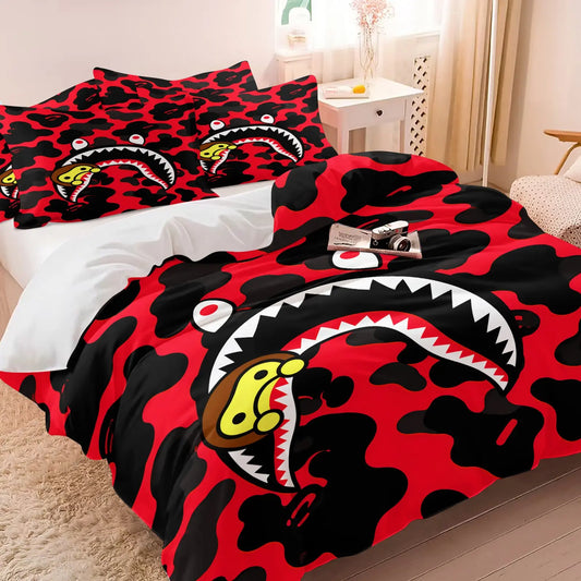 Ape Red & Black Camo Shark Mouth Cartoon Monkey Print Duvet Cover Set, 1 Duvet and 1-2 Pillowcases, Street Trendy Style Comfortable Easy Care Bedding, Ideal for Teen Hypebeast Bedroom Dorm Gaming Room Decor