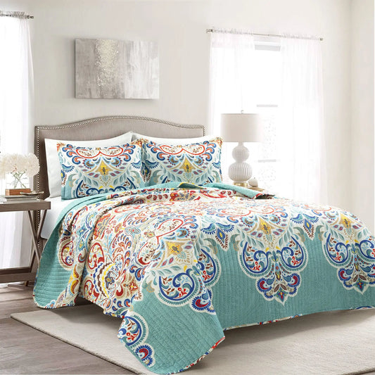 Lush Decor Bohemian Cotton Blend Quilt Set - 3-Piece Full/Queen/King Bedding Set, Vibrant Jewel Tones Print, Shabby Chic Quilted Design, Modern Bright Front, Calm Reverse, for Bedroom Decor